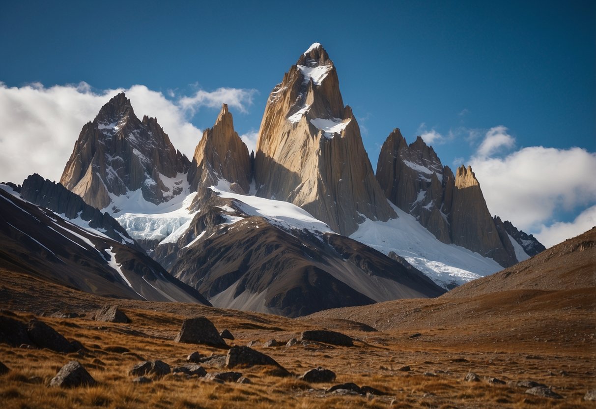 A rugged mountain peak, Torre Egger, rises sharply against the sky in Patagonia, surrounded by jagged cliffs and sheer rock faces