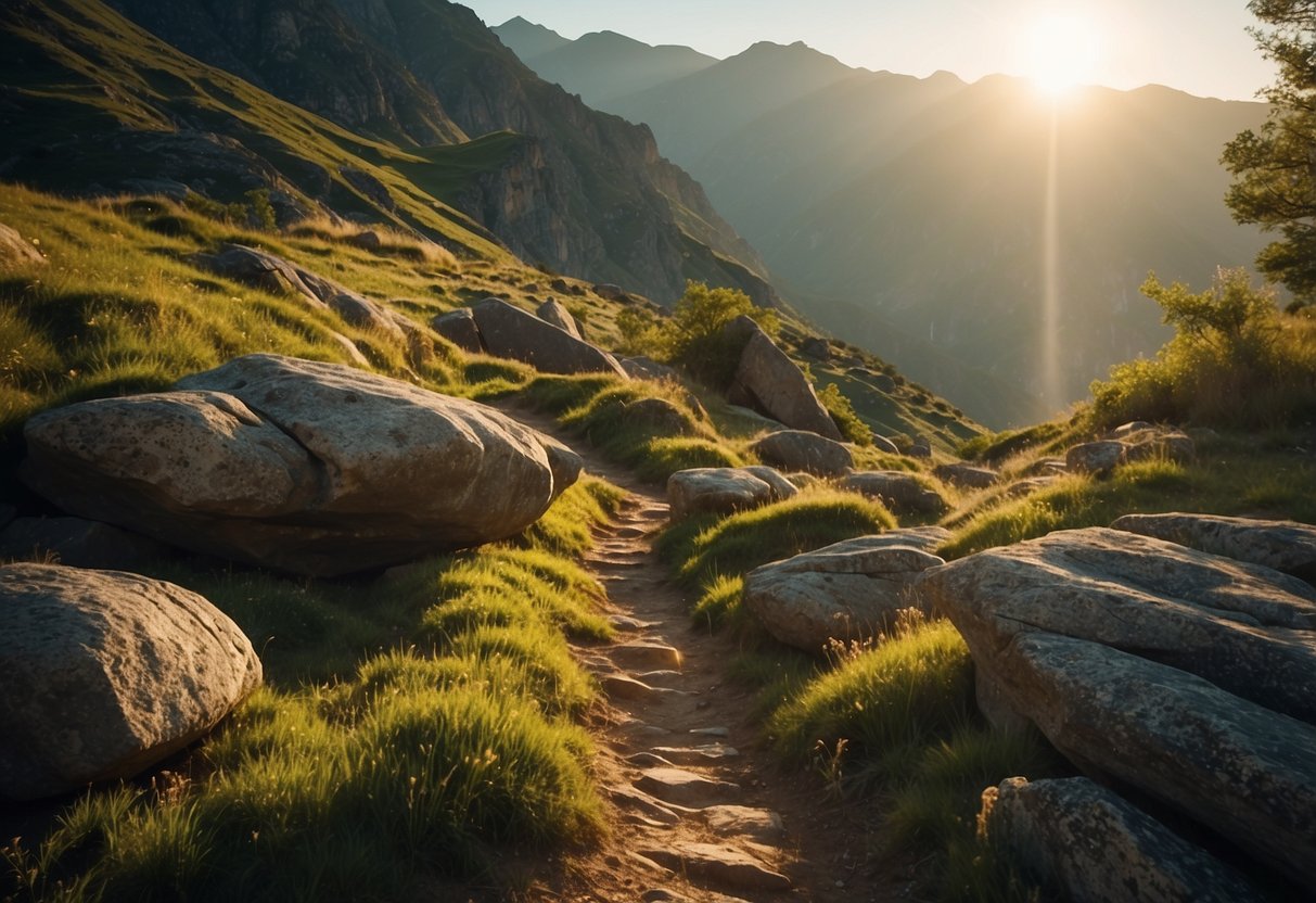 Rock formations jut out from lush green mountains, with winding trails leading to the top. The sun casts a warm glow over the rugged terrain, creating a picturesque setting for rock climbing