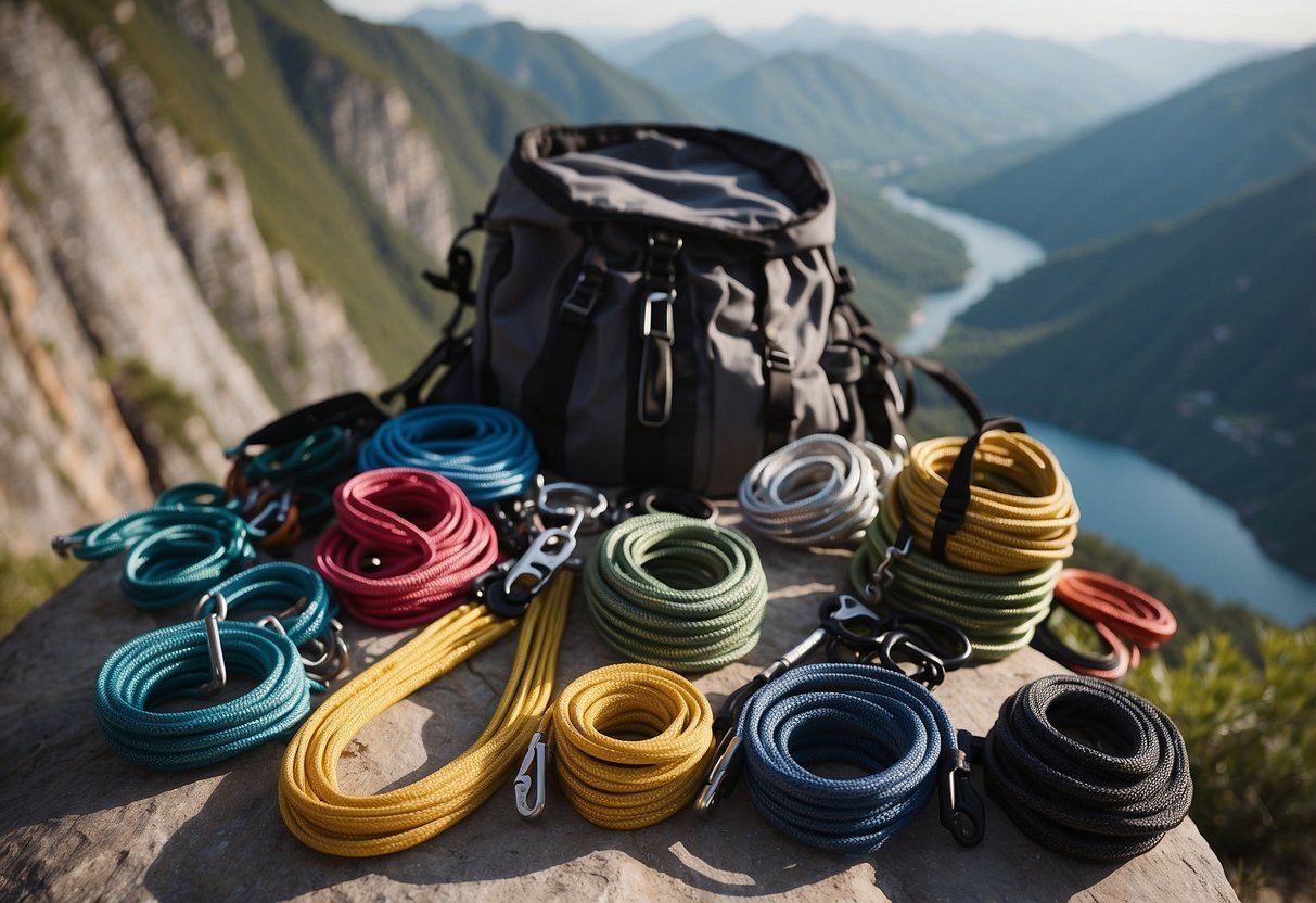 Rock climbing gear laid out on a rocky ledge, ropes coiled neatly, carabiners and harnesses ready for use. A breathtaking view of the South American landscape in the background