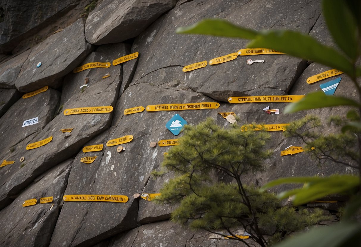 Rock climbing routes in South America, with a backdrop of local regulations and permits displayed on a signboard