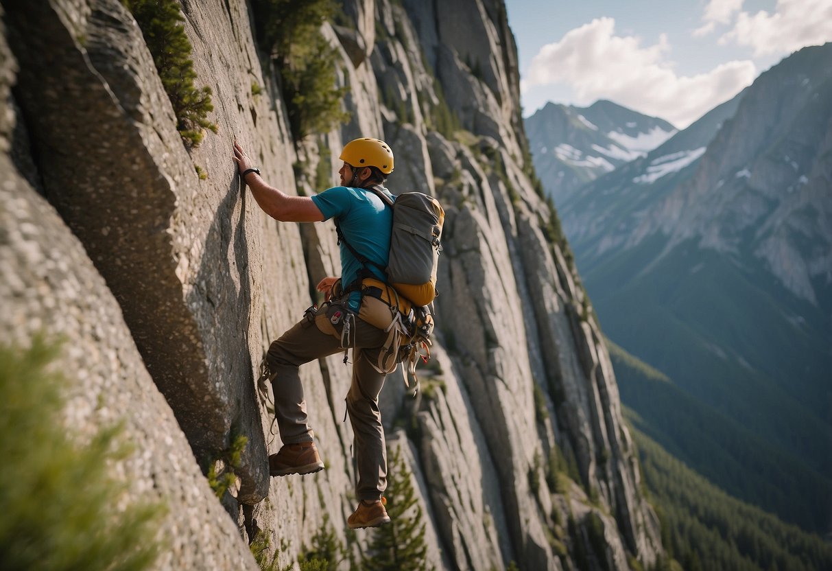 Climber navigating around a nesting bird on a rock face, while keeping a respectful distance. Other climbers in the background are using bear-proof food storage and making noise to deter wildlife