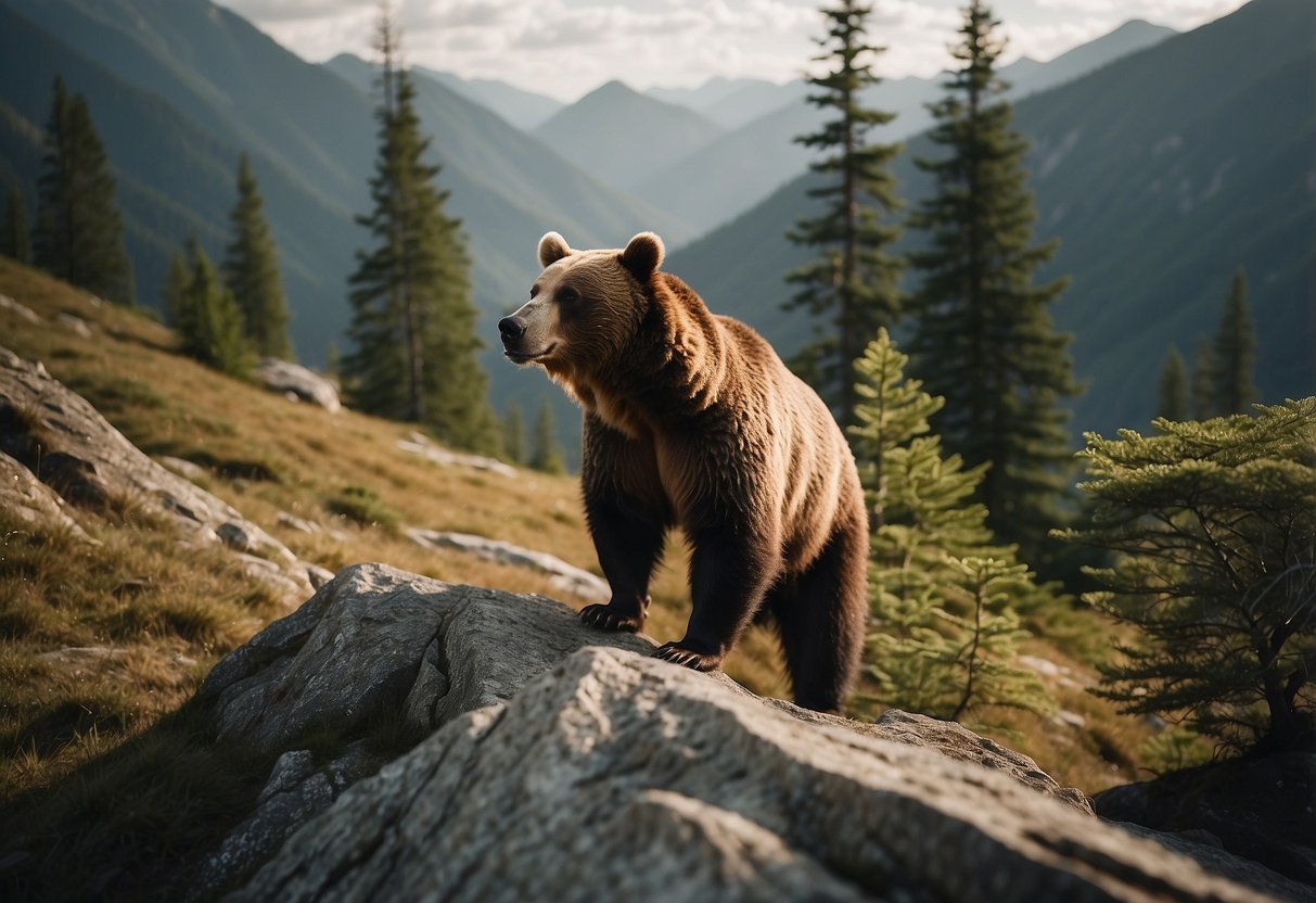 A climber calmly observes a bear from a safe distance, keeping steady and avoiding sudden movements. They follow tips for dealing with wildlife while climbing