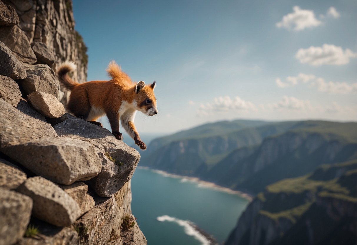 Animals scatter as rocks tumble down the cliff, a climber's method to deter wildlife