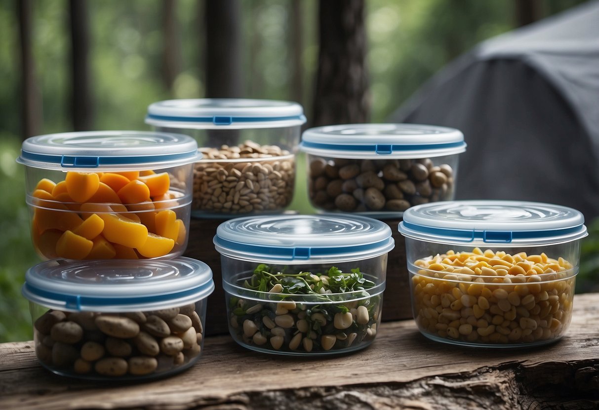 Food stored in sealed containers. Climber's gear neatly organized. Wildlife deterrents visible. Rocks and trees in background