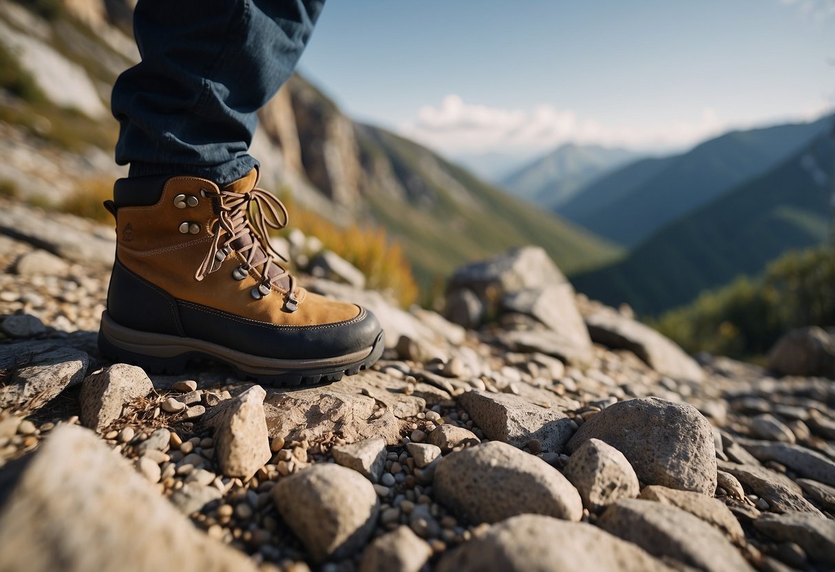 Animals' footprints on rocky terrain, climbing gear scattered around, wildlife guidebook open, and a cautious climber observing tracks with binoculars