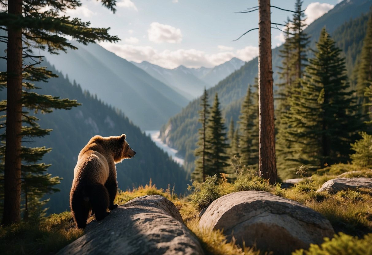 A climber observes a bear from a safe distance, following tips for wildlife encounters. The bear is foraging in a forested area with mountains in the background