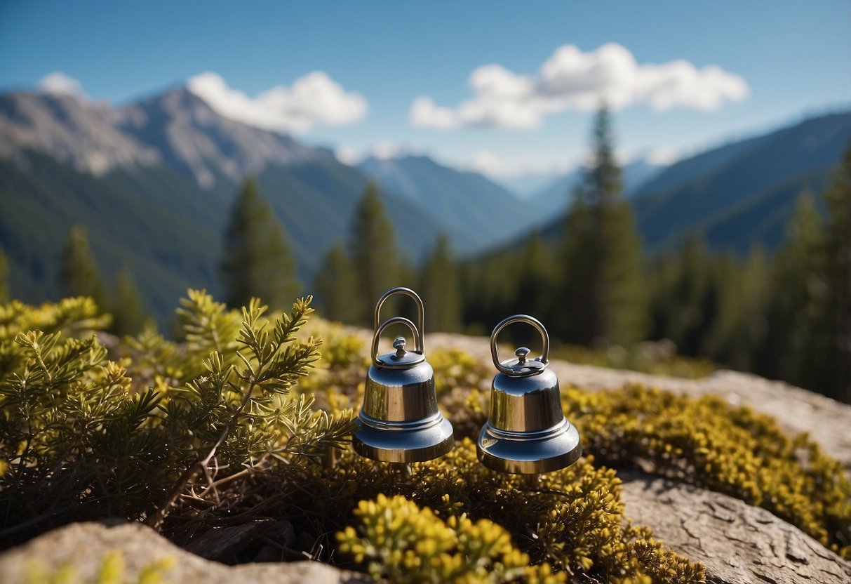 Hikers use bear bells and whistles. Mountains in the background. Trees and bushes in the foreground. Sunny day