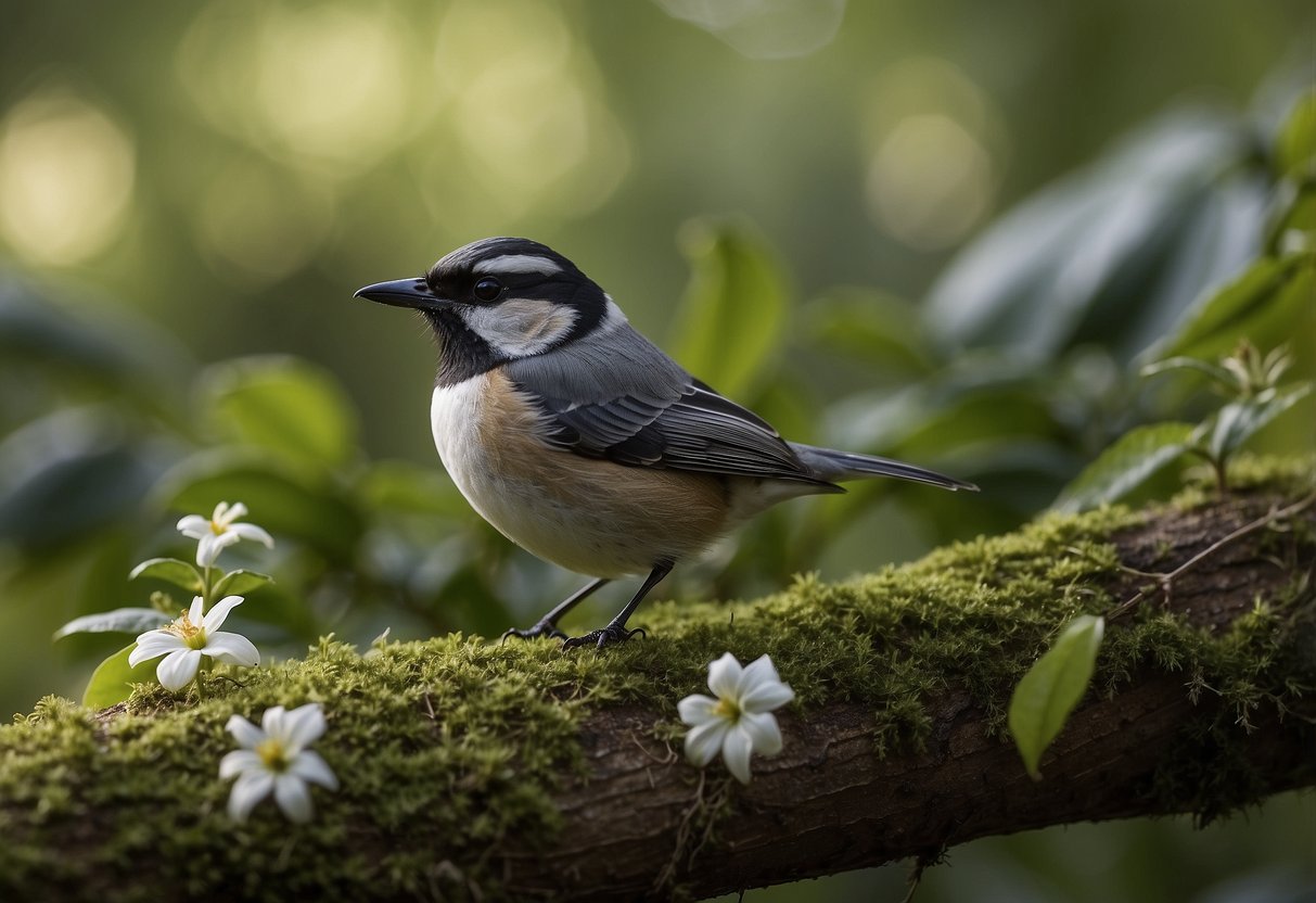 In a natural setting, a variety of wildlife can be observed, including birds, small mammals, and insects. The scene is peaceful and serene, with lush vegetation and a sense of harmony between the creatures and their environment