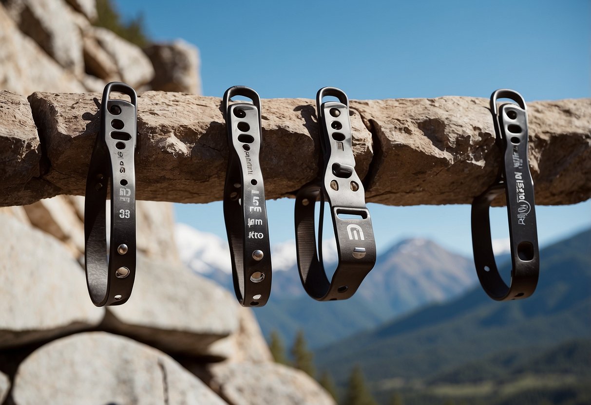 Five climbing stirrups hang against a rock wall, each labeled with a number from one to five. The background shows a mountain range with a clear blue sky