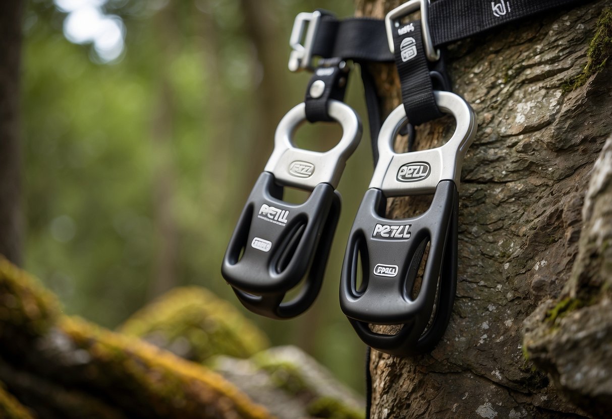 The PETZL Adjust 5 climbing stirrups hang from a harness, with lightweight and adjustable straps, ready for use in a rocky, outdoor setting