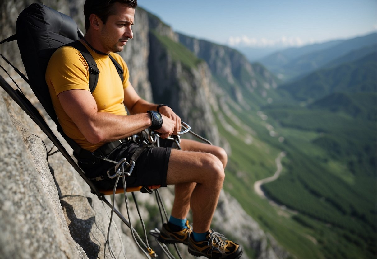 A climber uses Black Diamond Bosun's Chair with lightweight stirrups on a rocky cliff