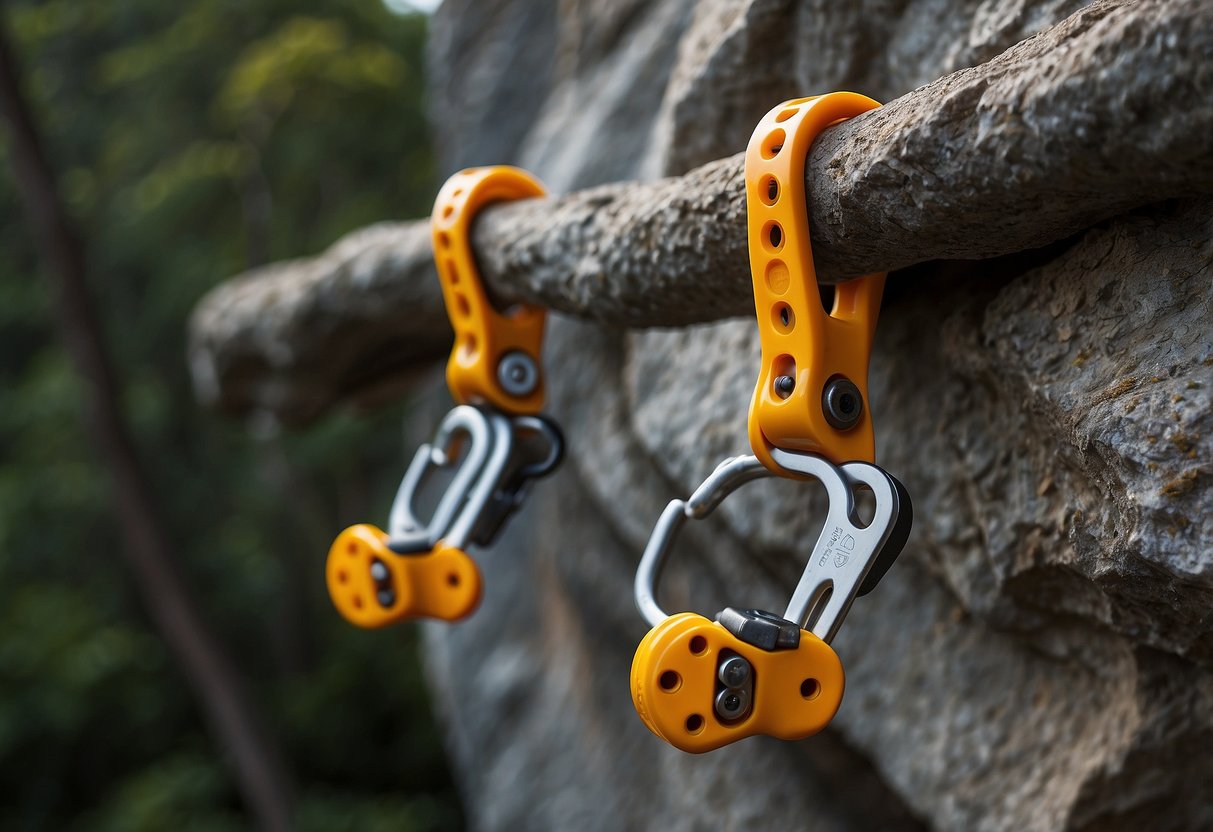 A pair of Kong Adjustable Etriers hang from a rock face, showing their lightweight and durable design for climbing