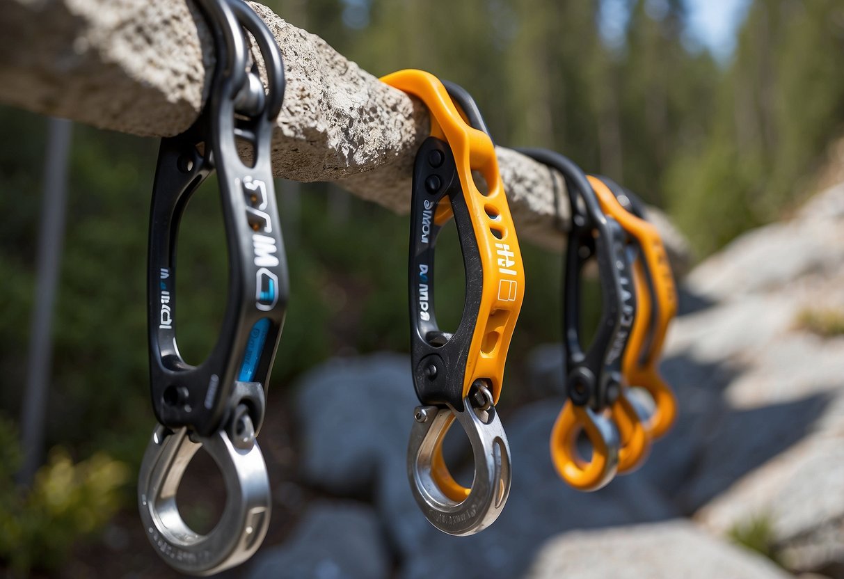 The Metolius Easy Aiders hang from a granite wall, their lightweight design and sturdy construction ready for a climber's weight