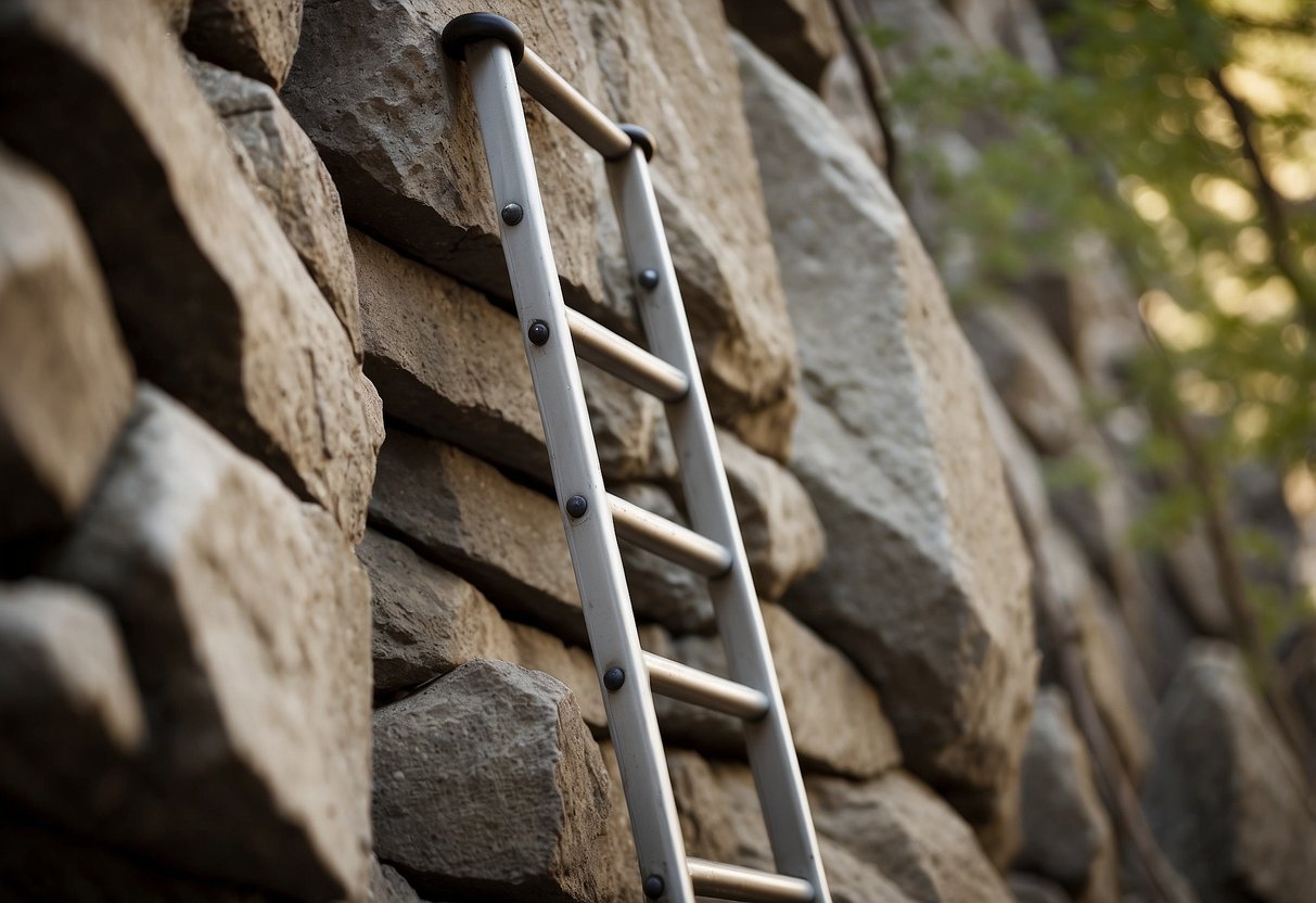 A sturdy, lightweight ladder hangs against a towering rock wall, ready for a climber to ascend