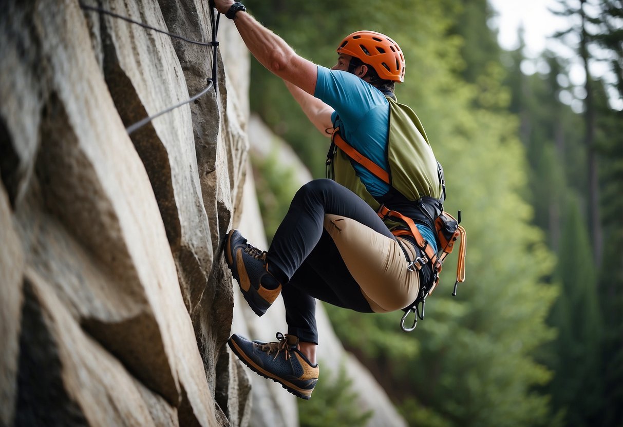 A climber effortlessly scales a steep rock face, using lightweight stirrups for stability and support. The stirrups are sleek and durable, allowing for swift and agile movement