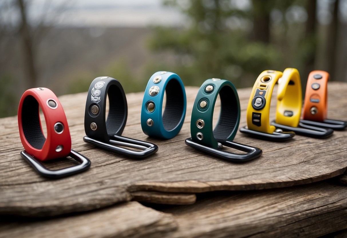 A collection of 5 different lightweight climbing stirrups displayed on a table, each with unique features and designs