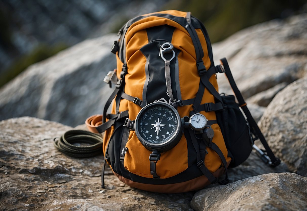 A backpack open with a compass, map, GPS, altimeter, carabiners, rope, headlamp, and trekking poles laid out on a rocky ledge