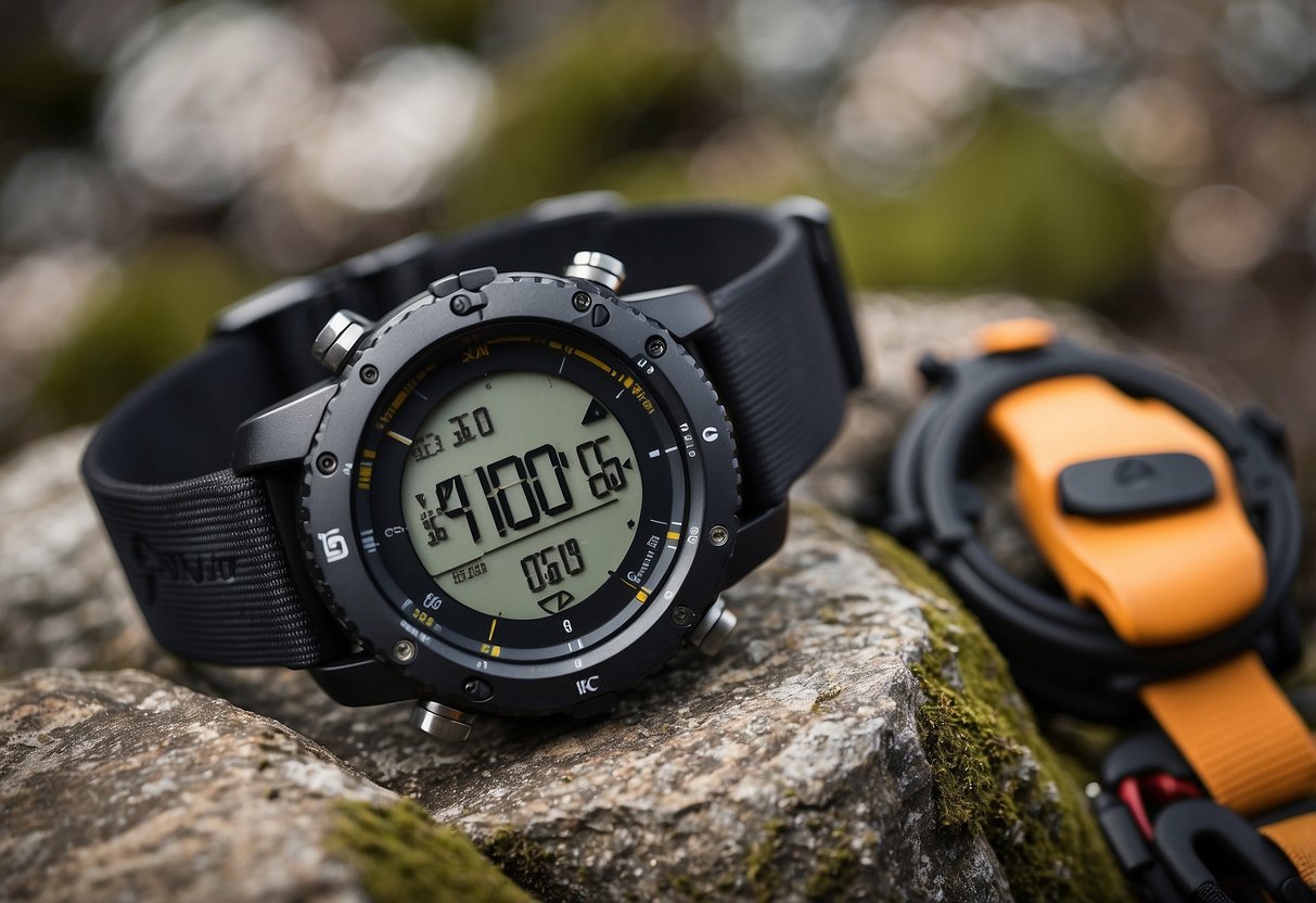 A Suunto Traverse Alpha lays on a rocky ledge, surrounded by climbing gear and a map. A compass and GPS device sit next to it, ready for use