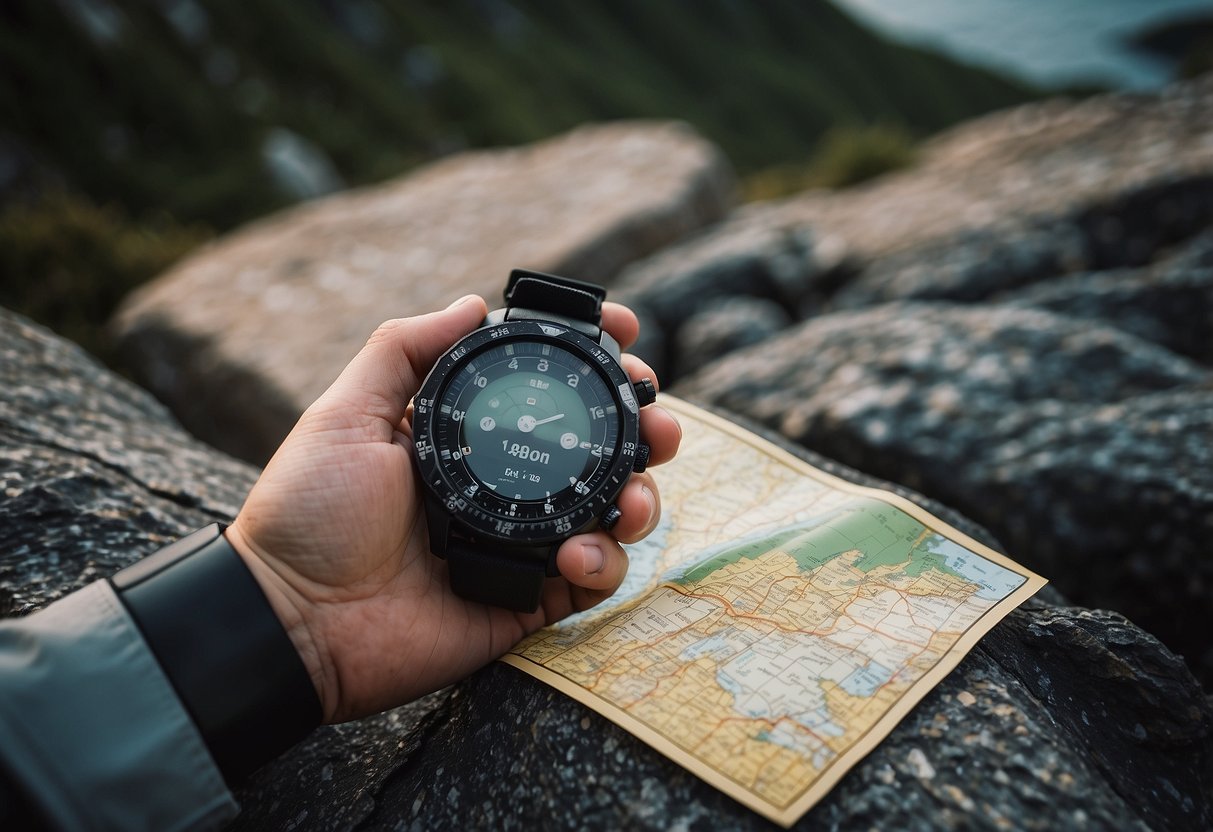 A hand holding a Black Diamond Guide BT Avy 10, with a map, compass, GPS, and other navigation tools spread out on a rocky ledge