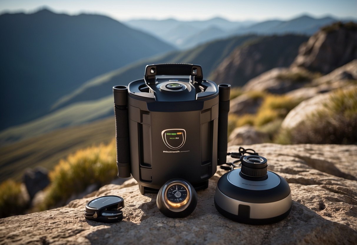 The MSR Guardian Purifier sits atop a rocky outcrop, surrounded by essential navigation tools for climbing trips. The sun casts long shadows across the scene, highlighting the rugged terrain