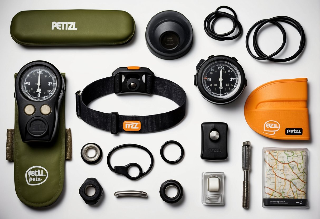 A Petzl Tikka headlamp illuminates a collection of essential navigation tools for climbing trips. The tools include a compass, map, carabiners, and rope