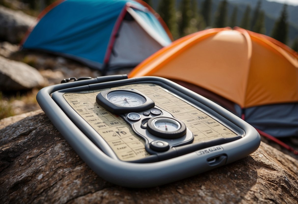 A Therm-a-Rest NeoAir XTherm pad lies next to a set of essential navigation tools for climbing trips. The tools include a compass, map, GPS device, and altimeter