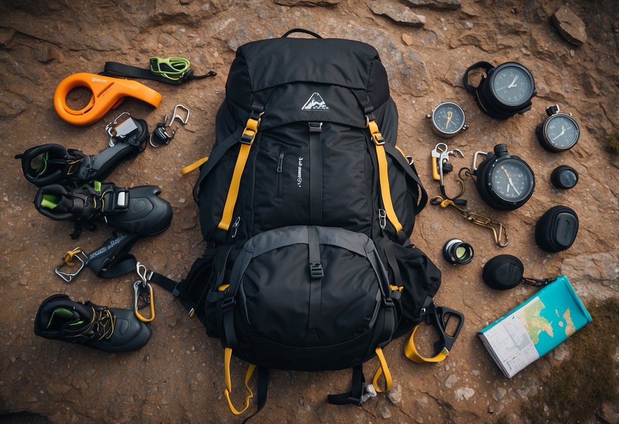 A mountain climber's gear spread out on a rocky ledge: compass, map, GPS, altimeter, carabiners, ropes, harness, helmet, and climbing shoes