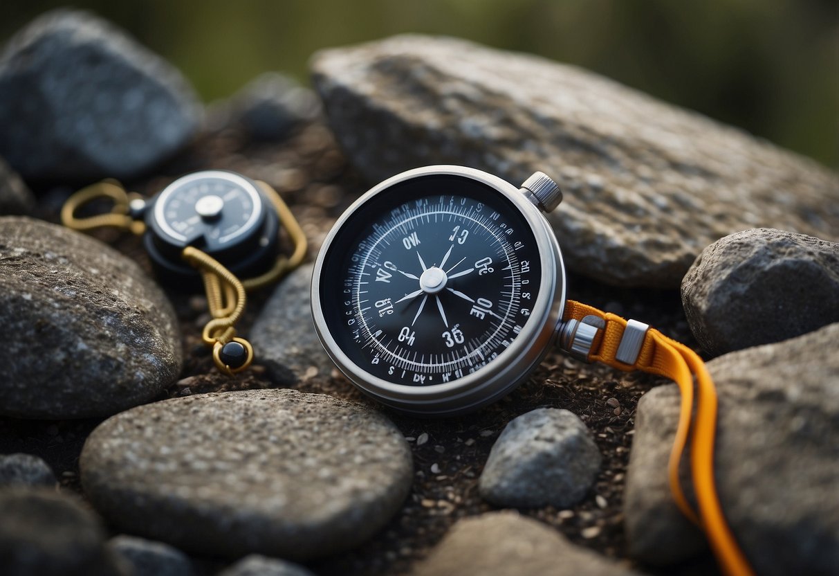 A compass, topographic map, altimeter, GPS device, and climbing gear laid out on a rock ledge in the mountains