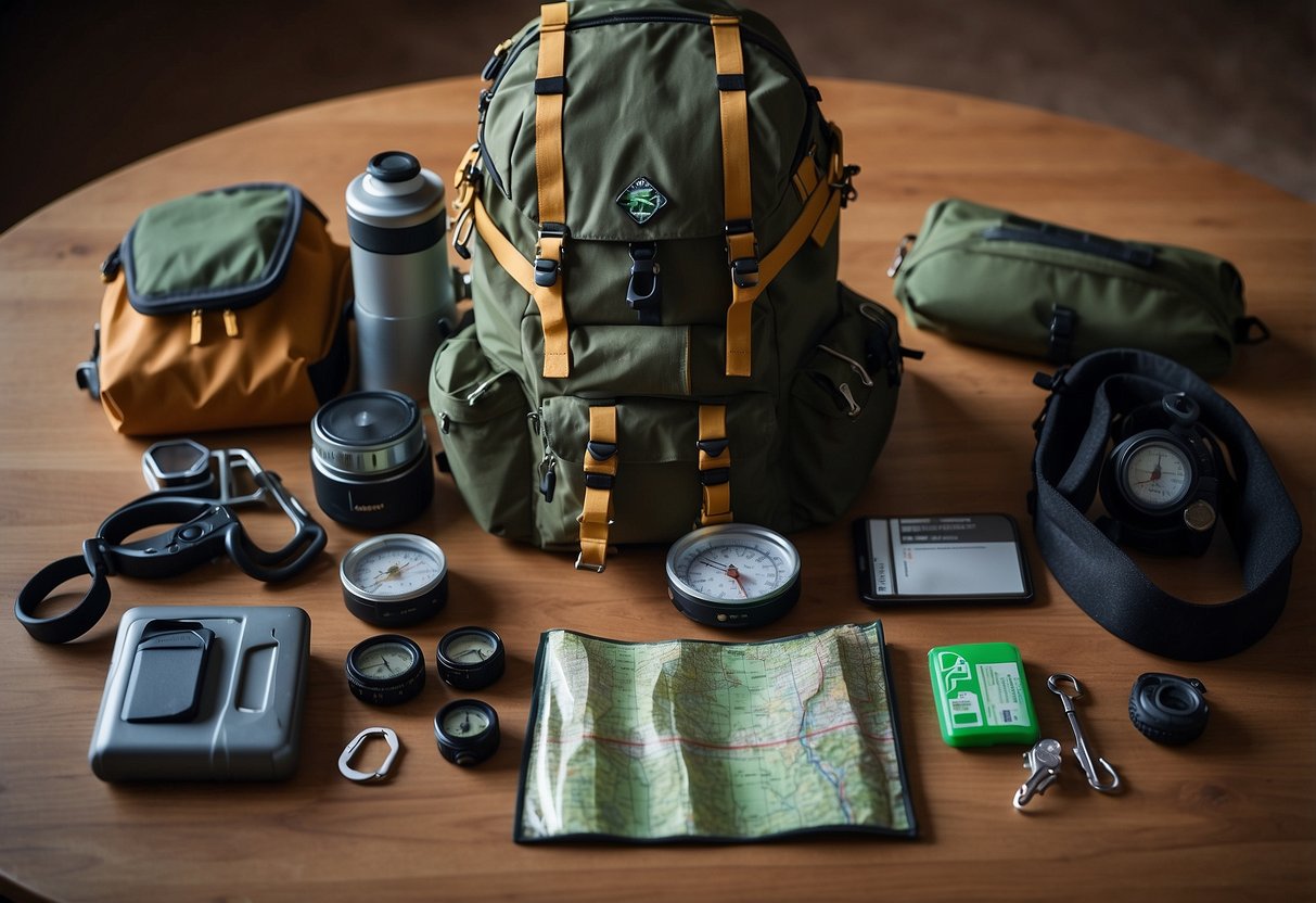 A climbing backpack open, displaying a compass, map, headlamp, rope, carabiners, first aid kit, GPS, whistle, and multi-tool