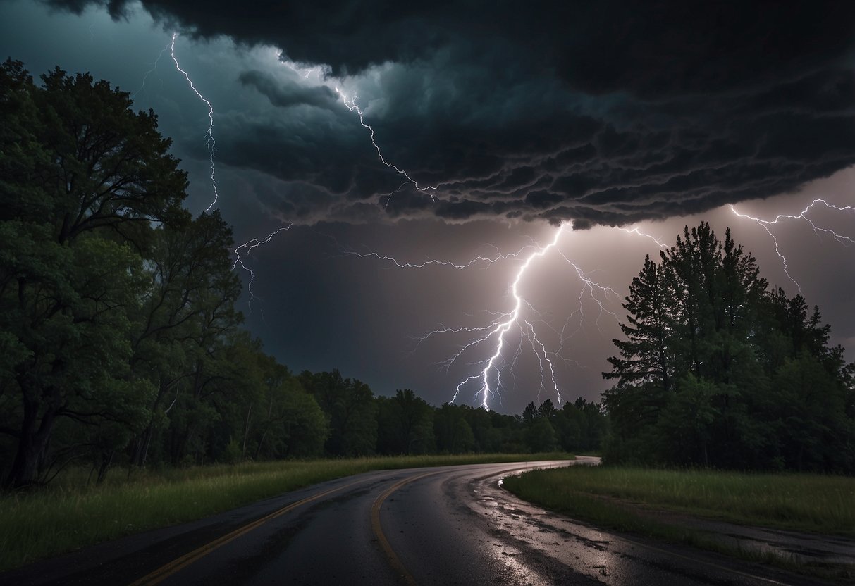 Dark storm clouds loom overhead as lightning strikes in the distance. Trees sway violently in the strong winds as rain pours down. A safety kit sits nearby with essential items