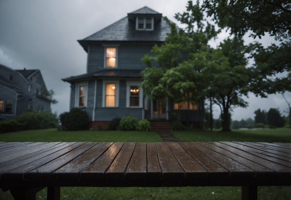 A stormy sky looms over a house with boarded windows. A tree bends in the wind as rain pours down. Insurance policies lay on a table