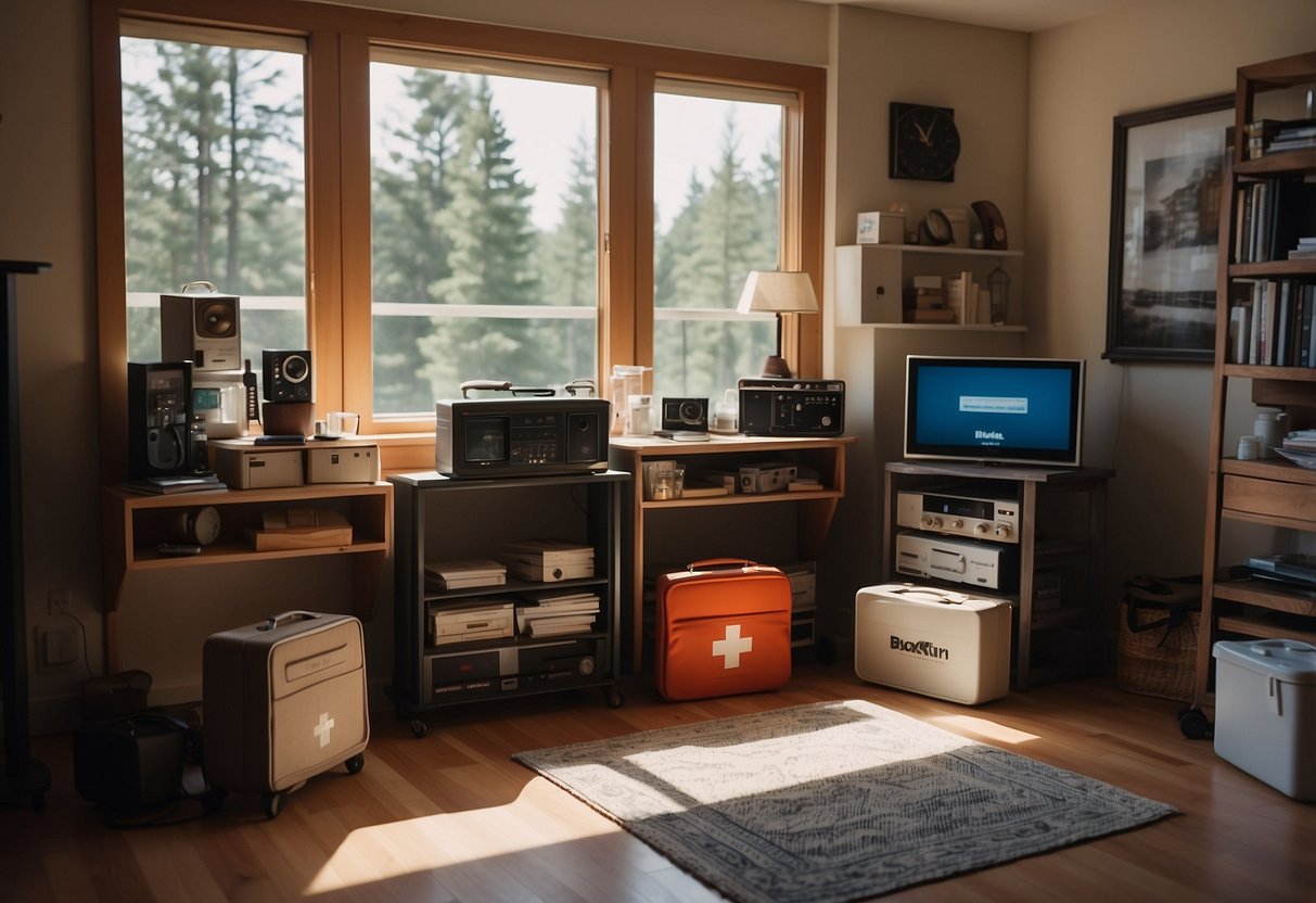 A sturdy, windowless room with emergency supplies, a first aid kit, and a battery-powered radio. The room is well-lit and easily accessible from all areas of the house