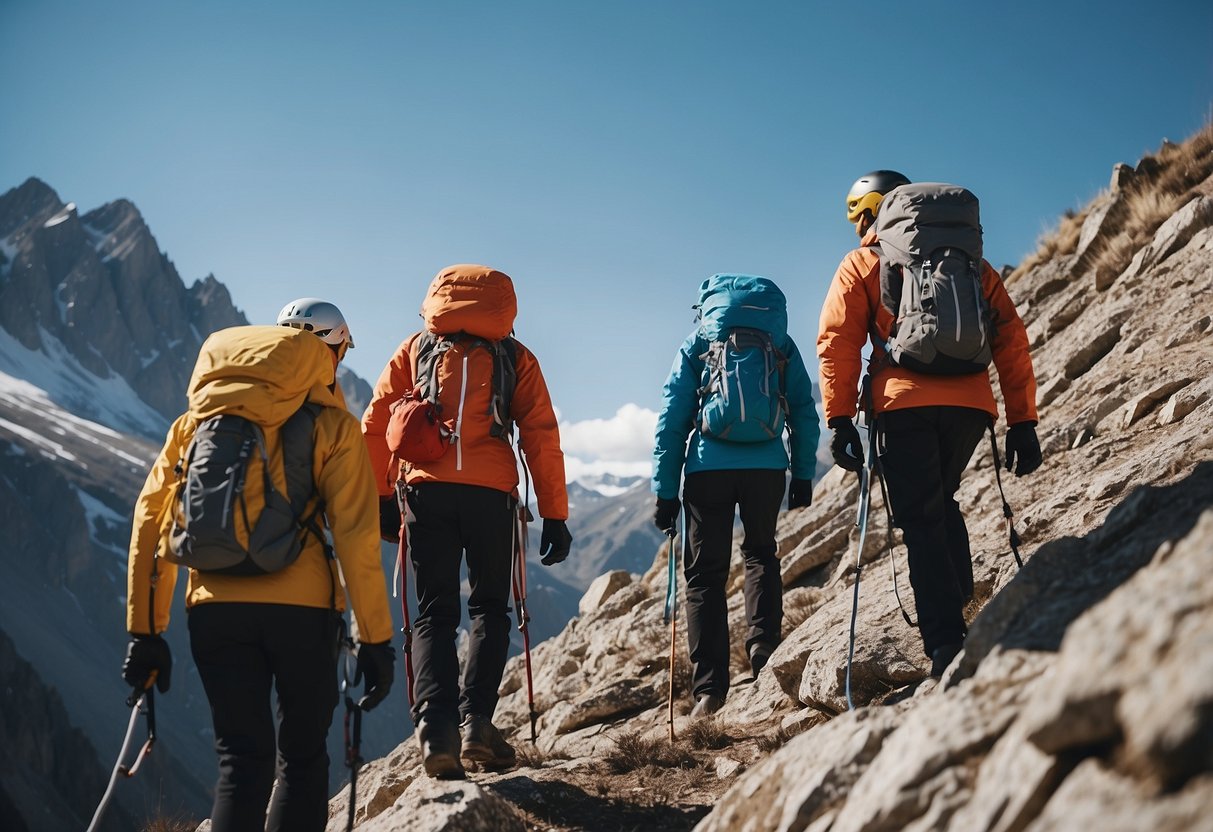 A group of climbers wearing lightweight jackets ascend a rocky mountain peak under a clear blue sky