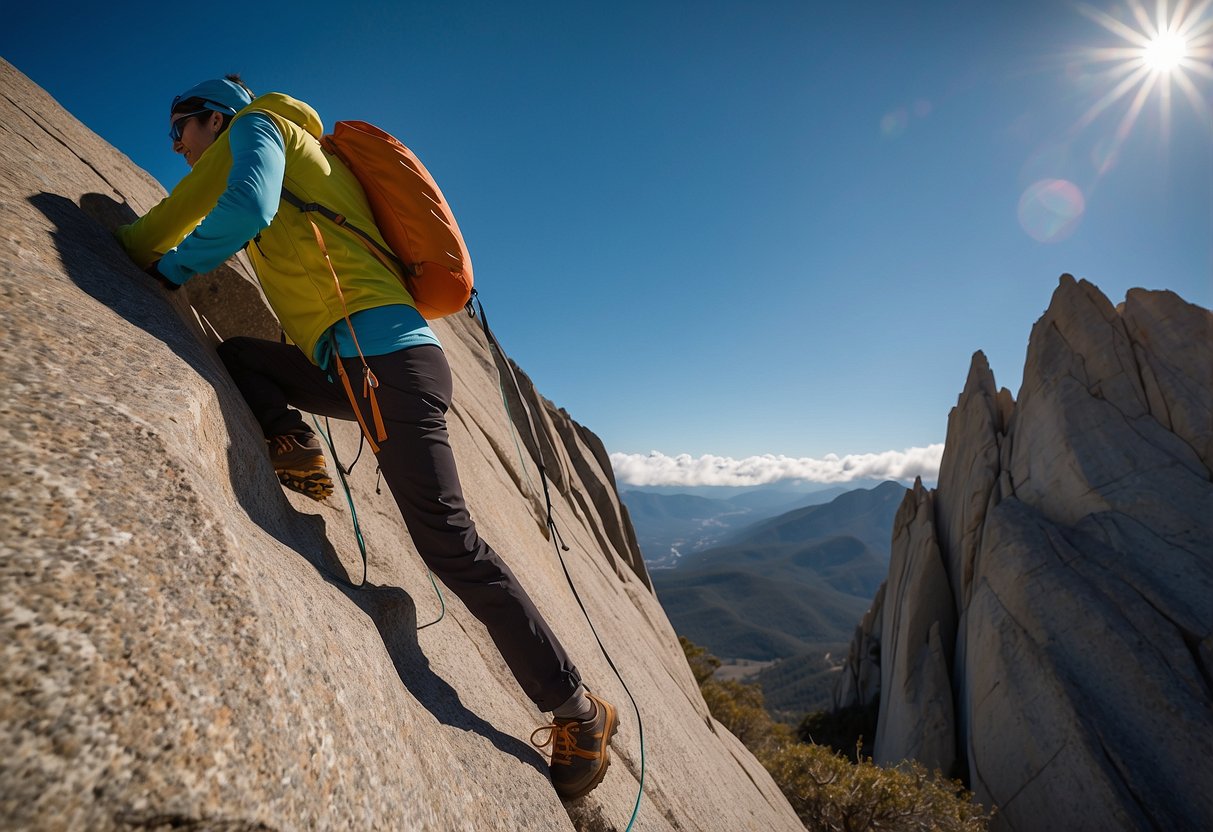 A climber wearing a Patagonia Nano-Air Hoody, scaling a rocky cliff with ease, surrounded by breathtaking mountain vistas and clear blue skies