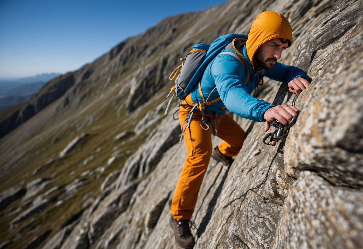 A climber wearing the Ferrosi Hybrid Hoody scales a rocky cliff under a clear blue sky, with a lightweight jacket providing protection and freedom of movement