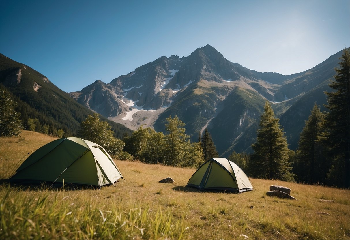 A mountain peak with a serene view, surrounded by lush greenery and a clear blue sky. A small campsite with a cozy tent and a crackling fire, where hikers are resting and recovering