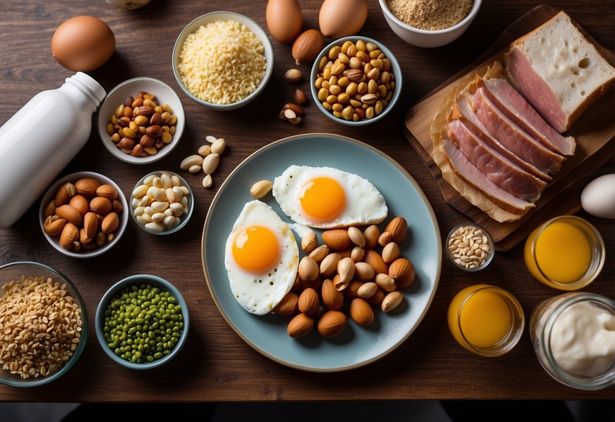 A table set with a variety of protein-rich foods, such as lean meats, eggs, nuts, and legumes, surrounded by climbing gear and a water bottle