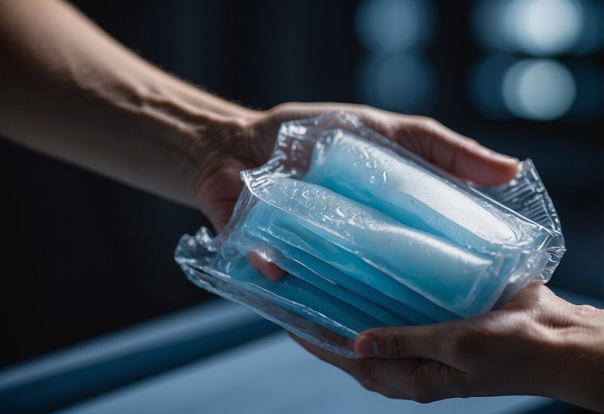 A person's hand placing ice packs on a sore muscle