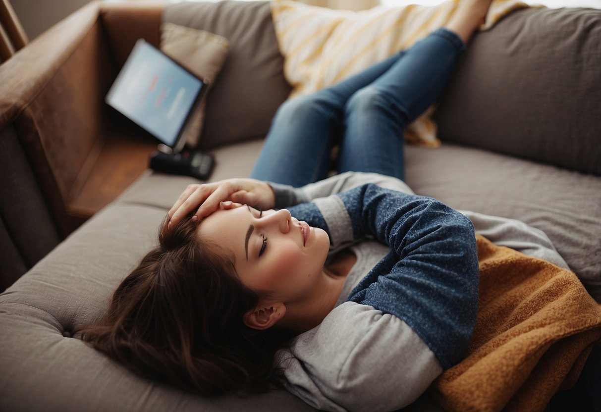 A person lying on a comfortable surface with their legs elevated on a cushion or pillow, surrounded by items such as water, snacks, and a book