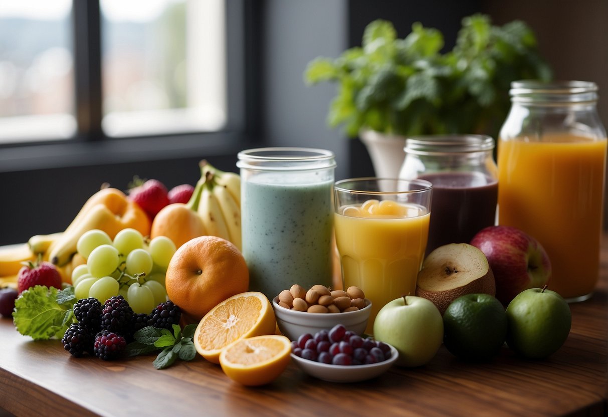 A table with a variety of nutritious foods and beverages, such as fruits, vegetables, lean proteins, and water. A recovery shake and supplements are also present