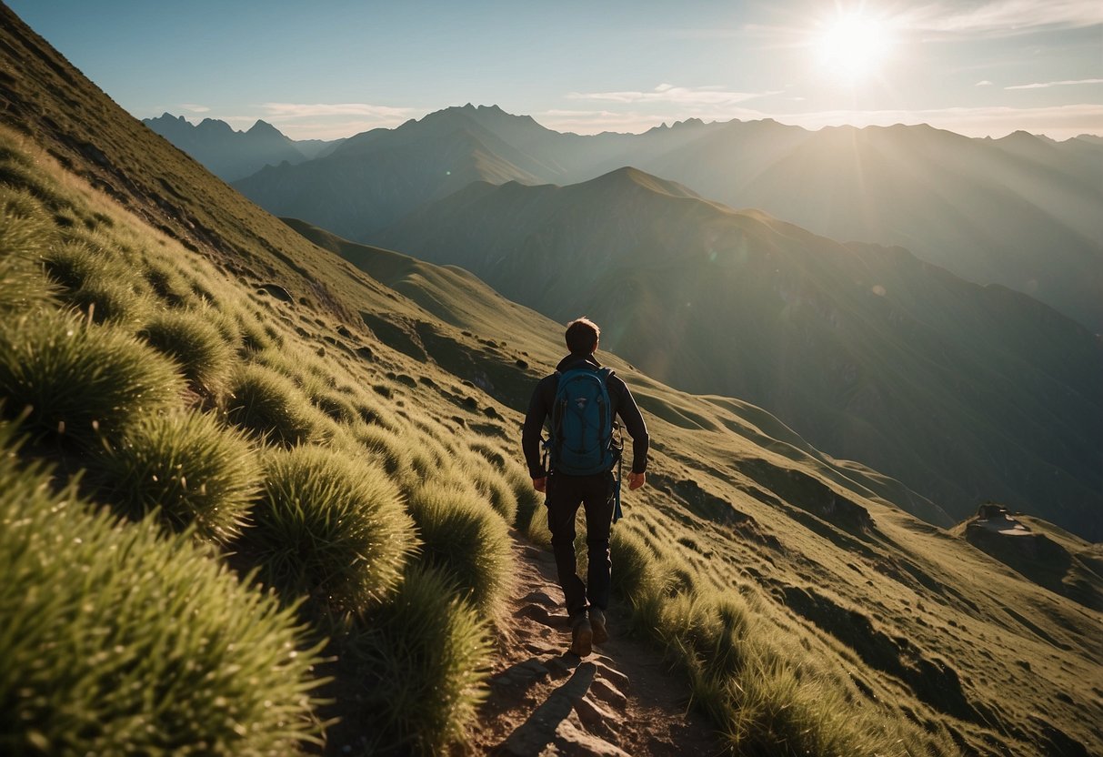 A lone figure ascends a steep, winding mountain trail, surrounded by towering peaks and lush greenery. The sun casts long shadows as the climber pushes forward, determined and unwavering in their pursuit of the summit