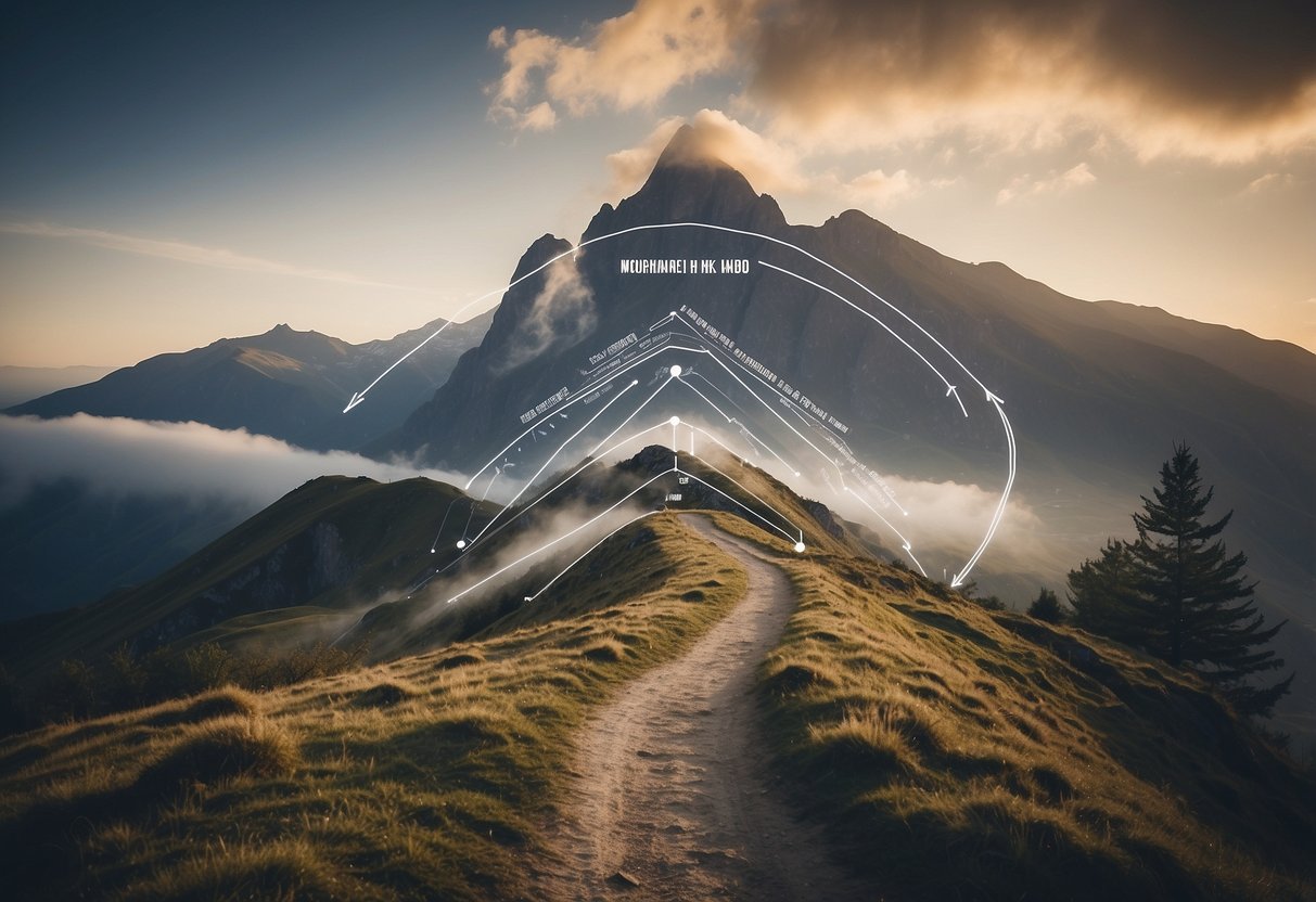 A mountain with winding trails, divided into sections. Each section marked with a motivational sign. The peak shrouded in mist, hinting at the challenge ahead