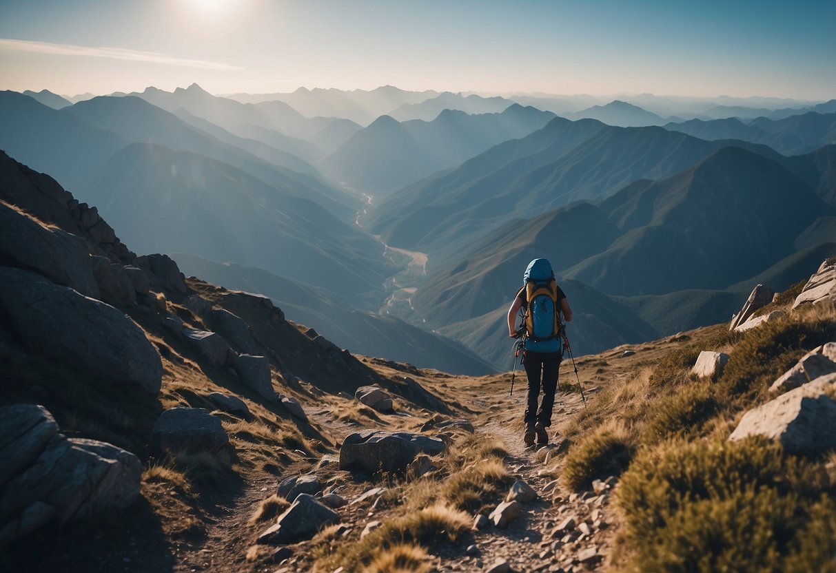 A lone figure ascends a steep mountain trail, surrounded by towering peaks and a vast expanse of blue sky. The path winds upward, disappearing into the distance, as the climber presses on with determination