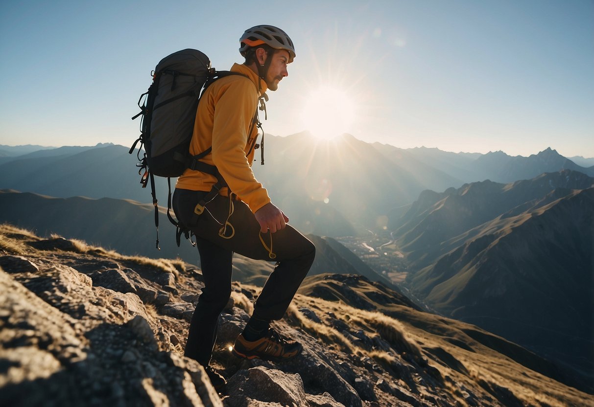 A mountain climber listens to motivational music while ascending a steep slope. The sun shines brightly overhead as the climber pushes forward with determination