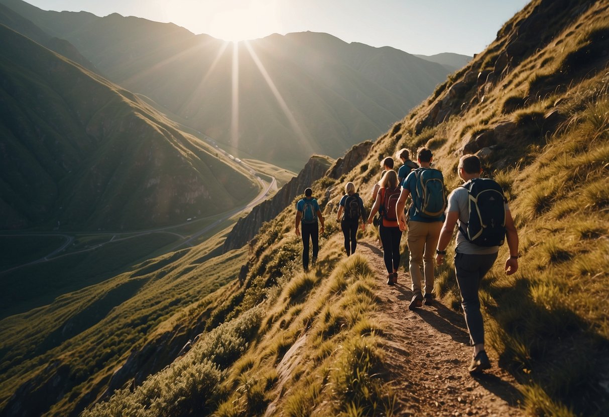 A group of friends tackle a steep mountain trail, encouraging each other and sharing tips. The sun shines down on the challenging climb, with the train disappearing into the distance