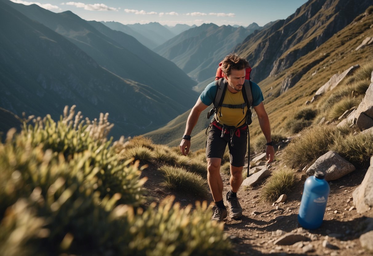 A mountain climber ascends a steep slope, surrounded by healthy snacks and water bottles. A motivational quote hangs in the background