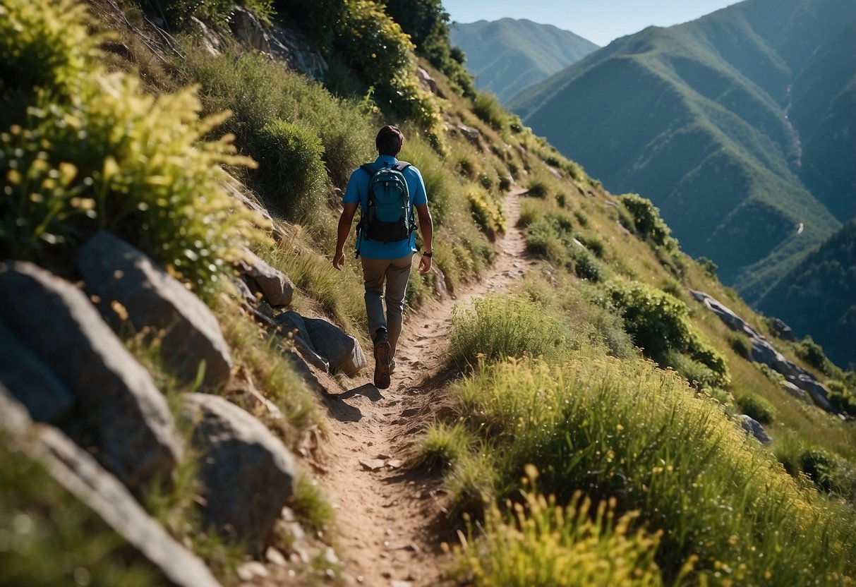 A lone figure ascends a steep mountain trail, surrounded by lush greenery and a clear blue sky. The path winds upward, presenting a challenging yet rewarding journey ahead