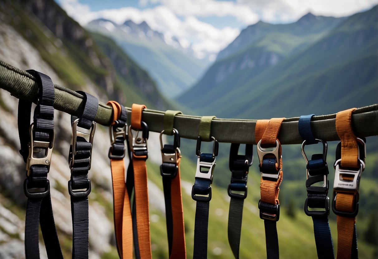 A collection of top-rated climbing harnesses arranged in a neat row, with each harness clearly labeled and positioned against a backdrop of a rugged mountain landscape