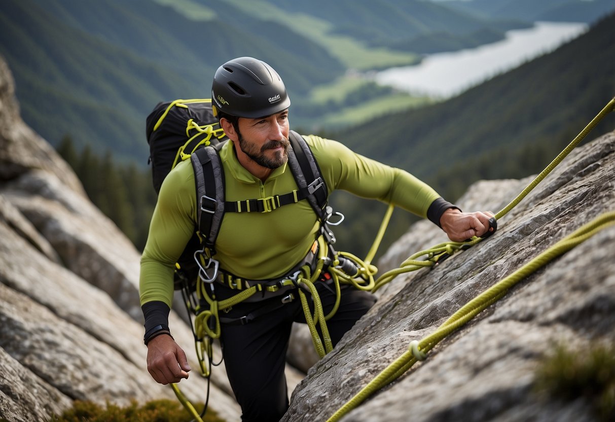 A climber wearing the Edelrid Jay III harness scales a rocky cliff, secured by the durable and comfortable gear. The harness is sleek and black, with adjustable straps and reinforced stitching