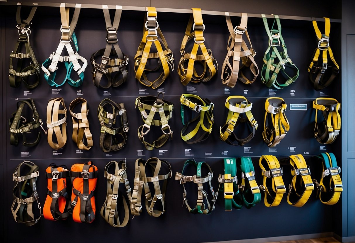 A variety of climbing harnesses displayed with clear labeling and comparison charts. Sizes, features, and prices are highlighted